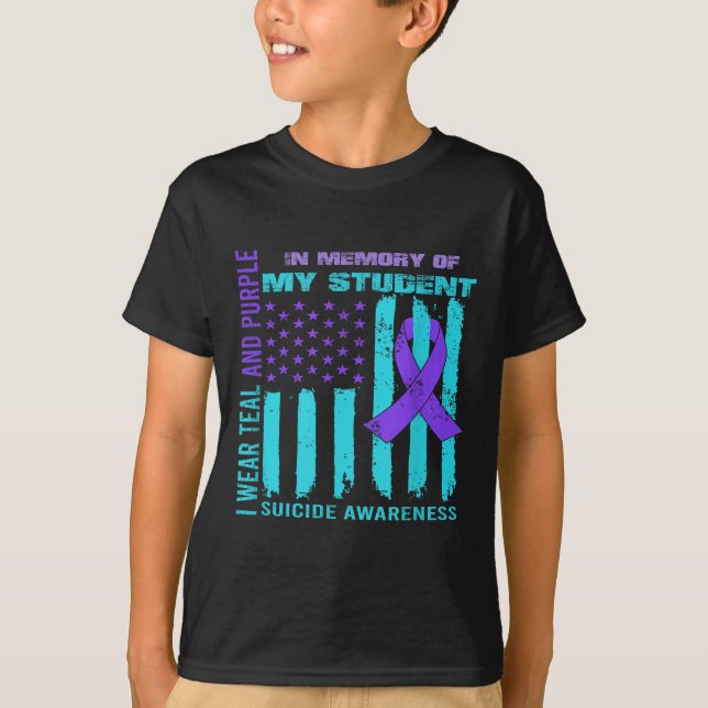 Camiseta Teal Purple Ribbon Suicide Awareness Flag Student  (Anverso)