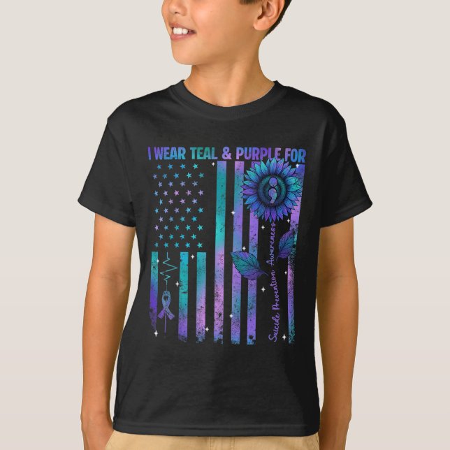 Camiseta Teal Purple Us Usa Flag Suicide Prevention Awarene (Anverso)