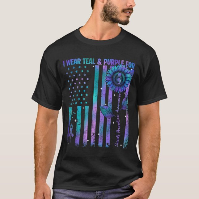 Camiseta Teal Purple Us Usa Flag Suicide Prevention Awarene (Anverso)