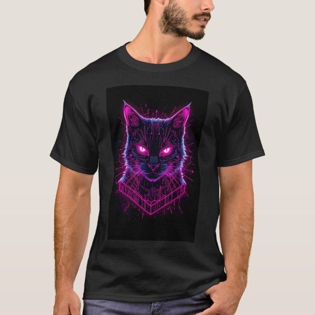 Camiseta Tech-Inspired Neon Cat Illustration (Anverso)