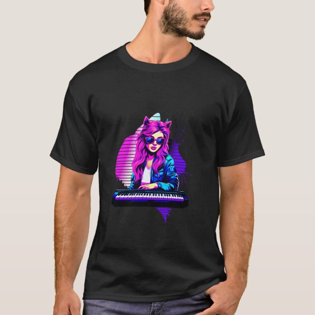 Camiseta teclado de nekomimi anime Retro 80 s 90 (Anverso)