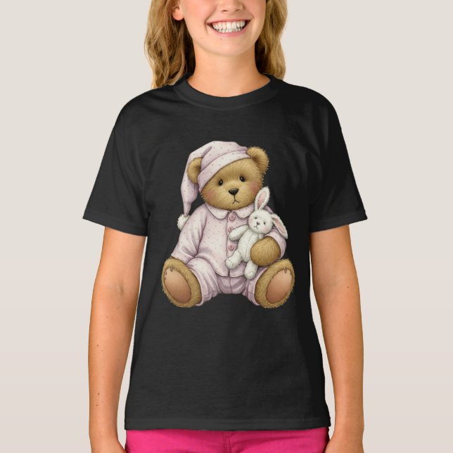 Camiseta Teddy en un pijama rosado con un conejo exuberante (Anverso)