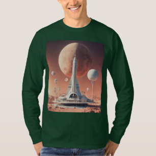 Camiseta Tee base de la luna retro-futurista de manga larga