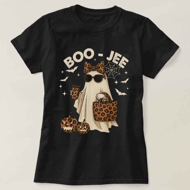 Camiseta Tee Chica de Halloween de Boujee Leopard Ghost (Diseño del anverso)