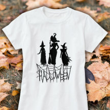 Tee de Halloween de tres brujas y arañas