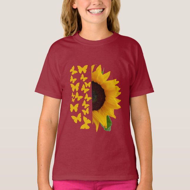 Camiseta Tee de impresión de girasol y mariposa (Anverso)