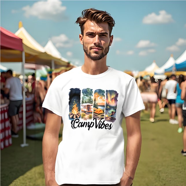 Camiseta Tee de la naturaleza retro para la generación Z Ad (Gen Z t-shirt.  Panels of campfires, a retro camper, sunset tents, and a magical aurora-lit lake.)