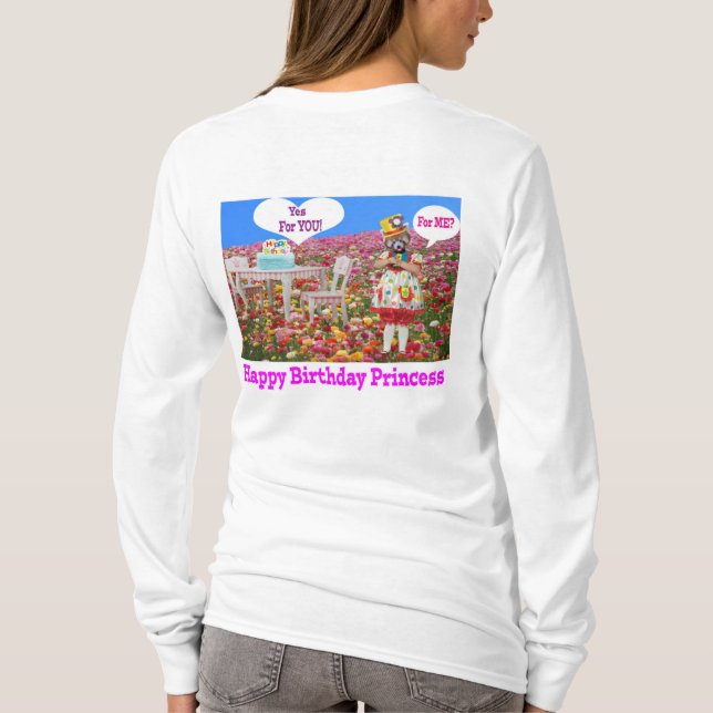 Camiseta tee de manga larga para mujeres. Feliz cumpleaños, (Reverso)