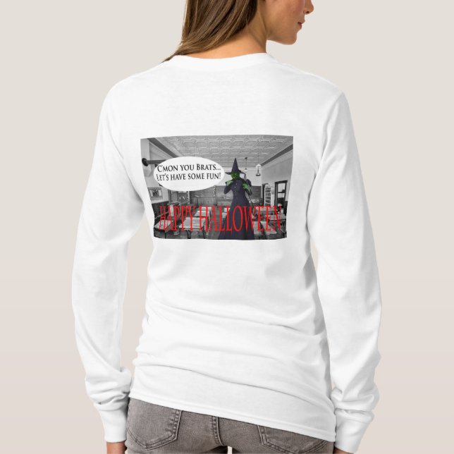 Camiseta tee de mujeres de manga larga, gato de bruja feliz (Reverso)