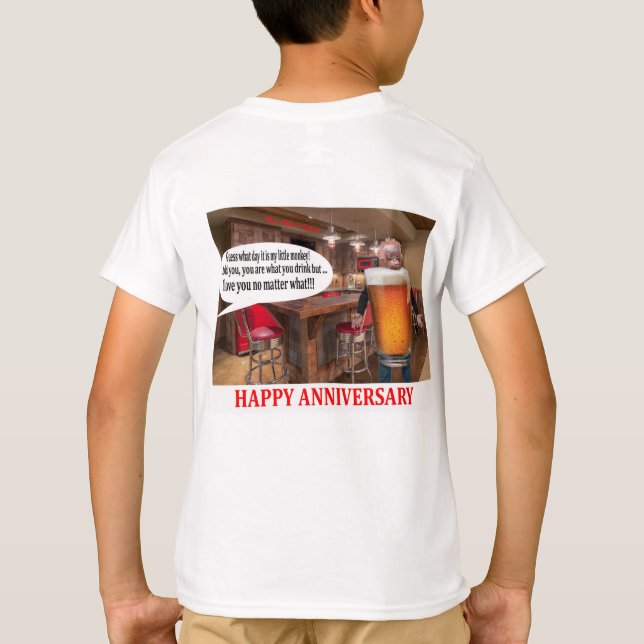 Camiseta tee de niños. Feliz aniversario. Cerveza orangután (Reverso)
