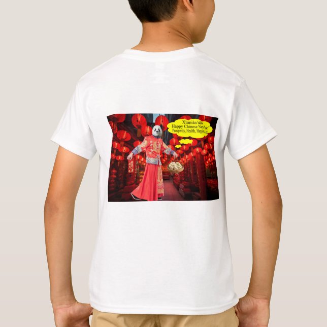 Camiseta tee de niños. Feliz Año Nuevo Chino. panda/hombre (Reverso)