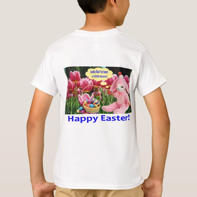 Camiseta tee de niños. Feliz Pascua. (Reverso)