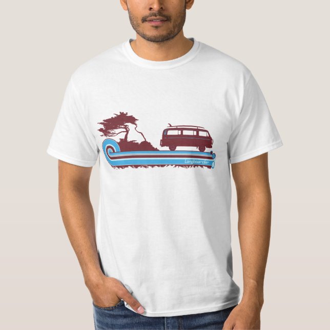 Camiseta Tee de surf retro 'Longboard' en Maroon y Aqua (Anverso)