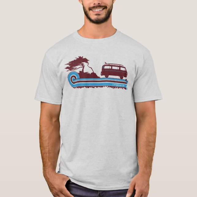 Camiseta Tee de surf retro 'longboarder' en Maroon y Aqua (Anverso)