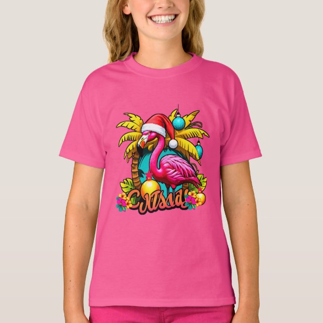 Camiseta Tee de vacaciones de Santa Flamingo para Navidades (Anverso)