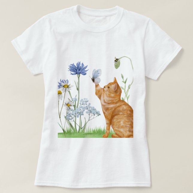 Camiseta Tee femenino de gato y flor silvestre (Diseño del anverso)