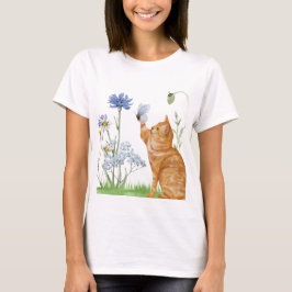 Camiseta Tee femenino de gato y flor silvestre