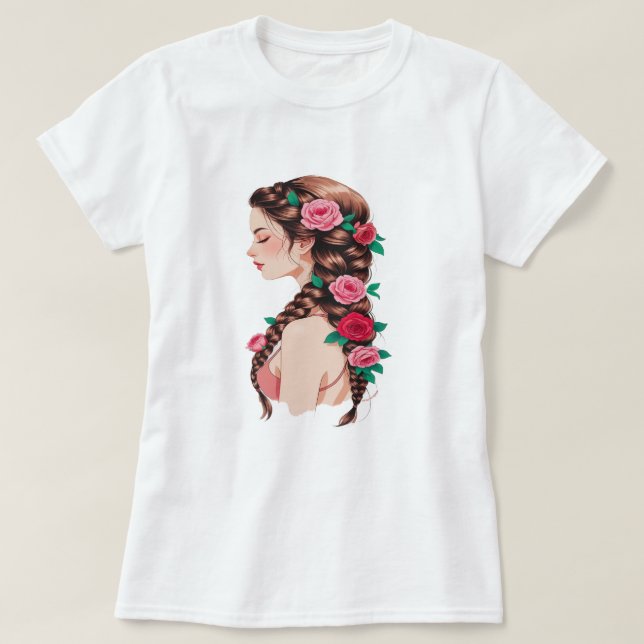 Camiseta Tee floral de pelo trenzado para mujeres (Diseño del anverso)