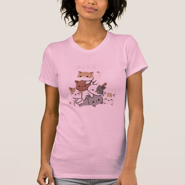 Camiseta "Tee gráfico apilado de gatos 'Meow' para mujeres  (Anverso)
