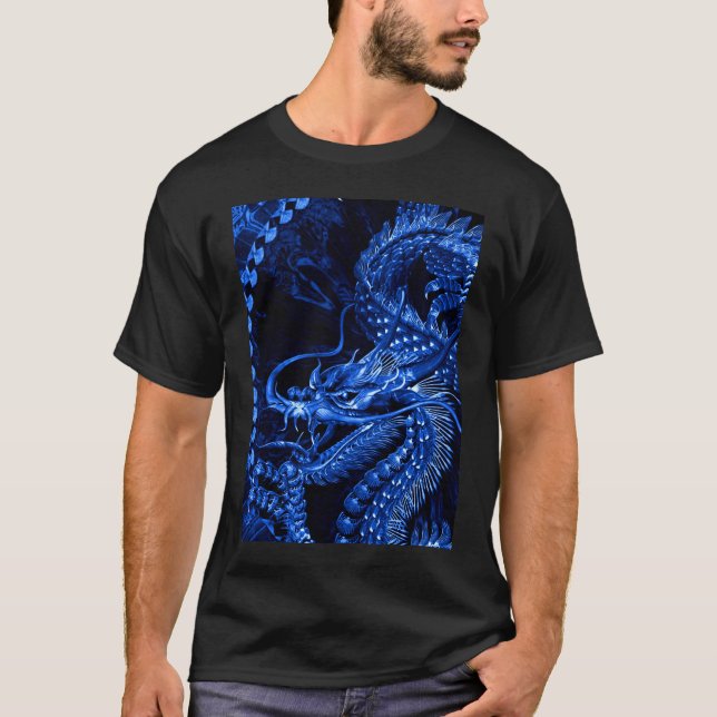 Camiseta Tee gráfico de arte del dragón chino azul (Anverso)