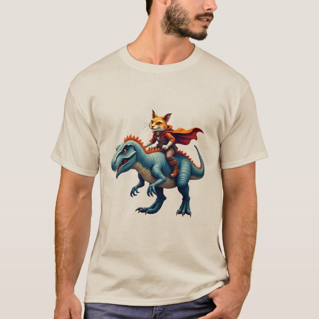 Camiseta Tee gráfico de gato heroico montado en T-Rex Dinos (Anverso)