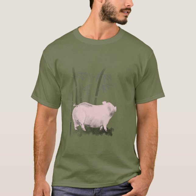 Camiseta Tee original de dibujo de cerdo y bambú (Anverso)