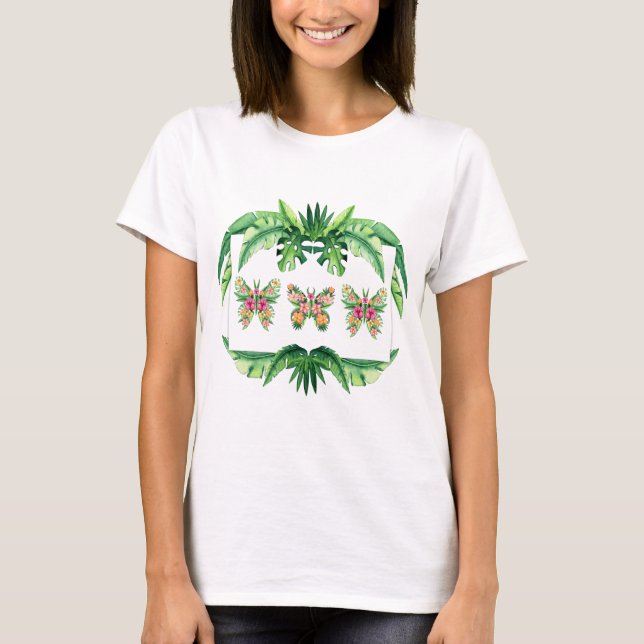 Camiseta Tee tropical para ella con mariposas florales (Anverso)