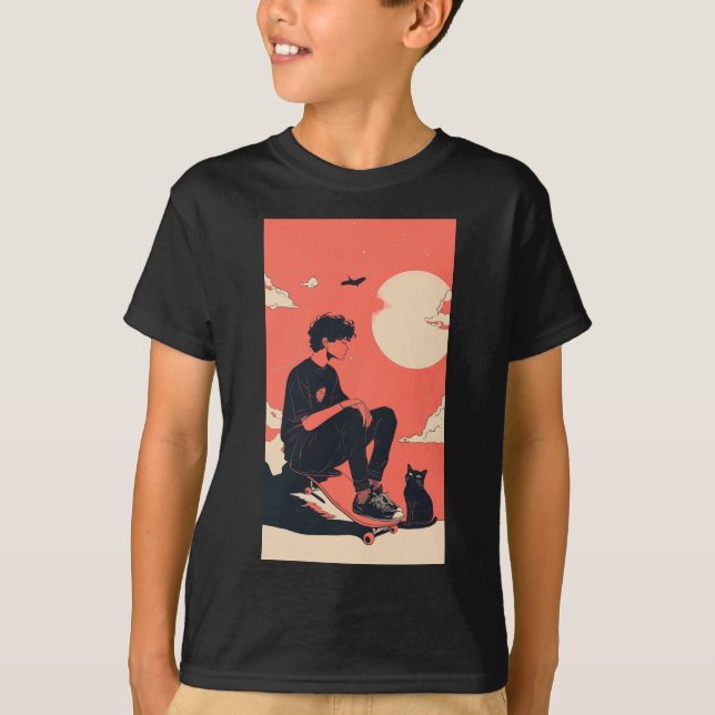 Camiseta Teenager sitting on skateboard and next to his cat (Anverso)