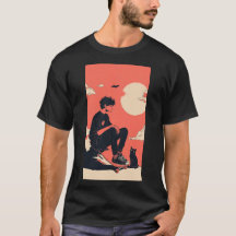 Teenager sitting on skateboard and next to his cat