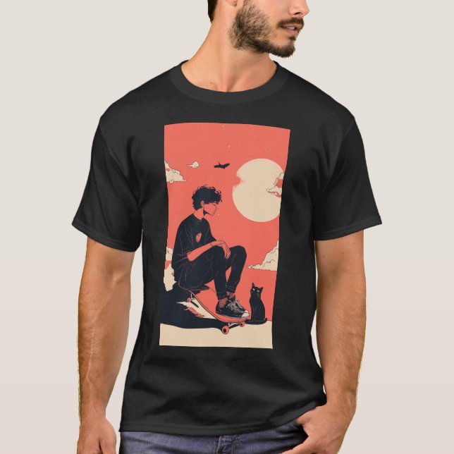 Camiseta Teenager sitting on skateboard and next to his cat (Anverso)