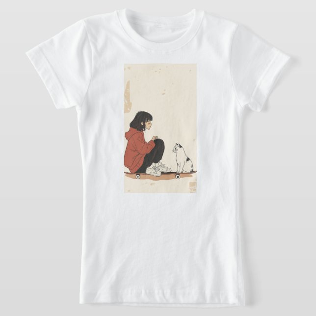 Camiseta Teenager sitting on skateboard and next to his cat (Distribución)