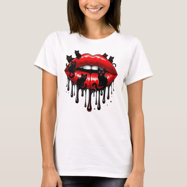 Camiseta Tejiendo labios rojos y gatos negros goteando arte (Anverso)