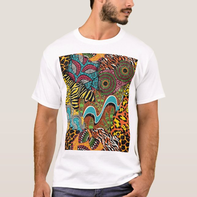 Camiseta Tela Africana: Patchwork de animales salvajes. (Anverso)