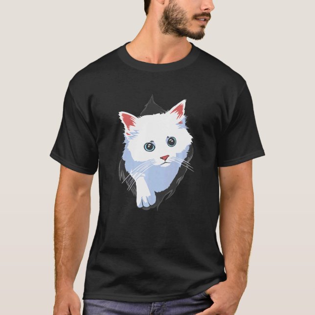 Camiseta Tela de tela desgarrada de gatito blanco (Anverso)