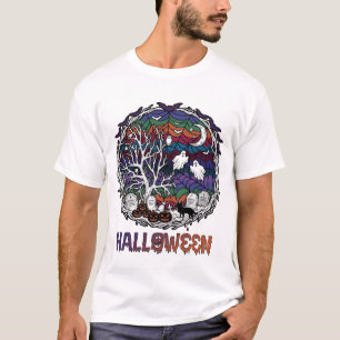 Camiseta Telaraña de Halloween Fantasmas de árbol Calabazas