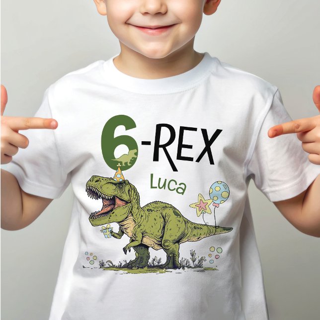 Camiseta Tema de dinosaurio lindo 6-Rex para fiesta de cump (Cute funny Jurassic dinosaur theme green roar T-Rex dino cartoon 6-rex 6th birthday party t-shirt)