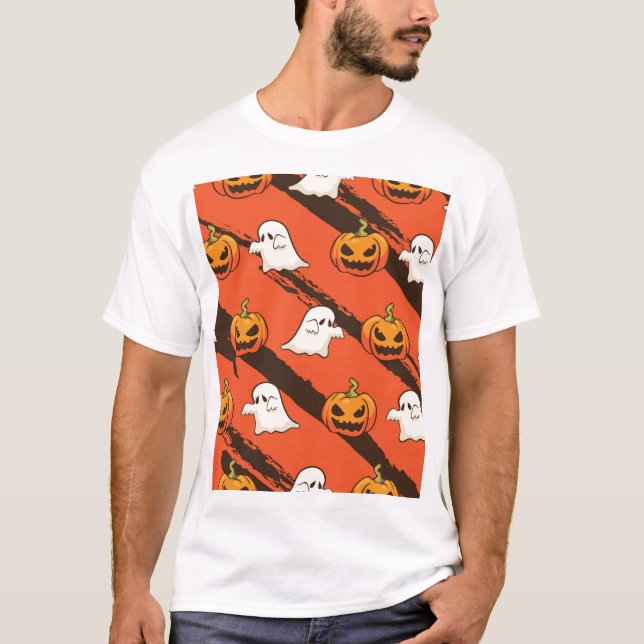 Camiseta Tema de la calabaza Halloween, patrón sin fisuras. (Anverso)
