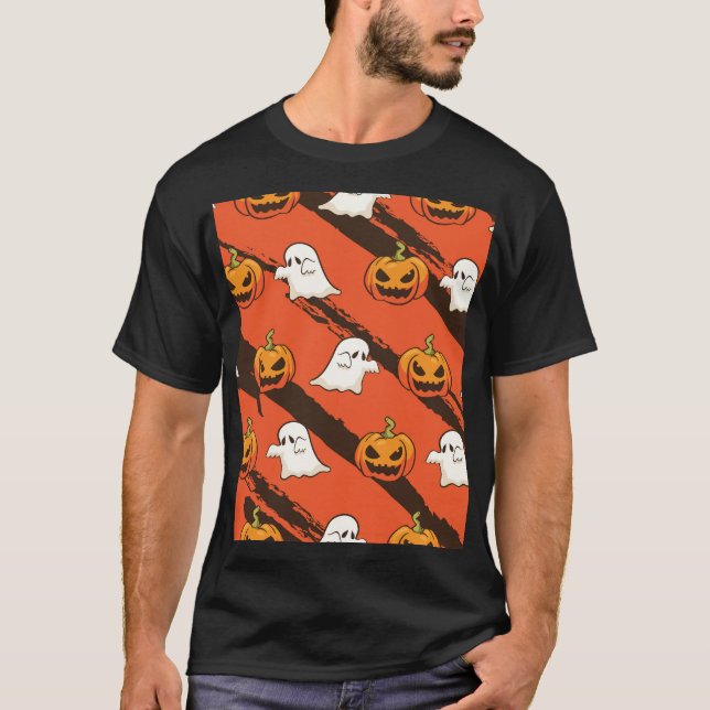 Camiseta Tema de la calabaza Halloween, patrón sin fisuras. (Anverso)
