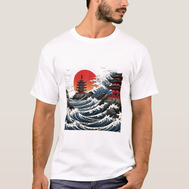 Camiseta Temple Wave Art - Ukiyo-e Japanese Sunset Design (Anverso)