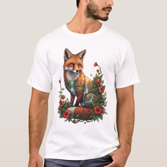 Camiseta Templo Tropical Místico del Zorro Paisaje Fauna (Anverso)