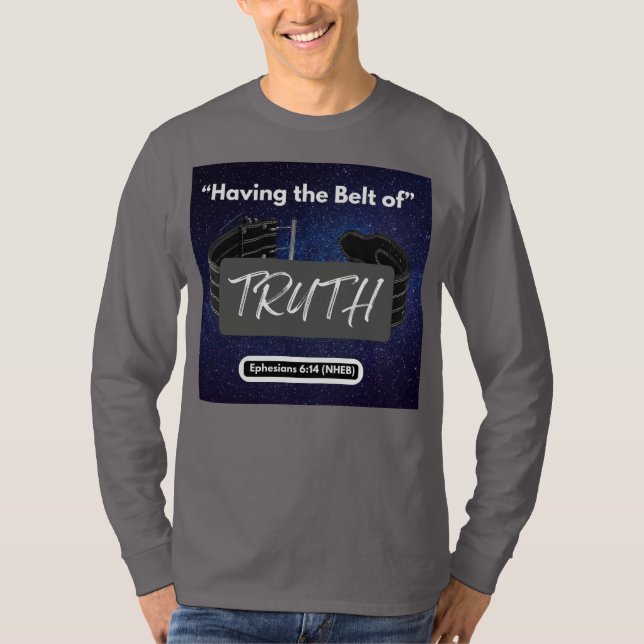 Camiseta Tener el cinturón de la verdad - Gris de manga lar (Anverso)