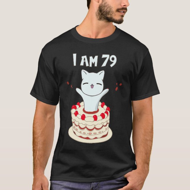 Camiseta Tengo 79 gatitos de gato con torta de cumpleaños (Anverso)