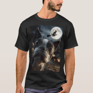 Camiseta Terrier de Boston Selfie Luna Llena Bruja Voladora