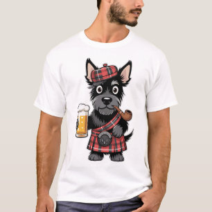 Camiseta Terrier escocés con kilt de tartán con cerveza y p