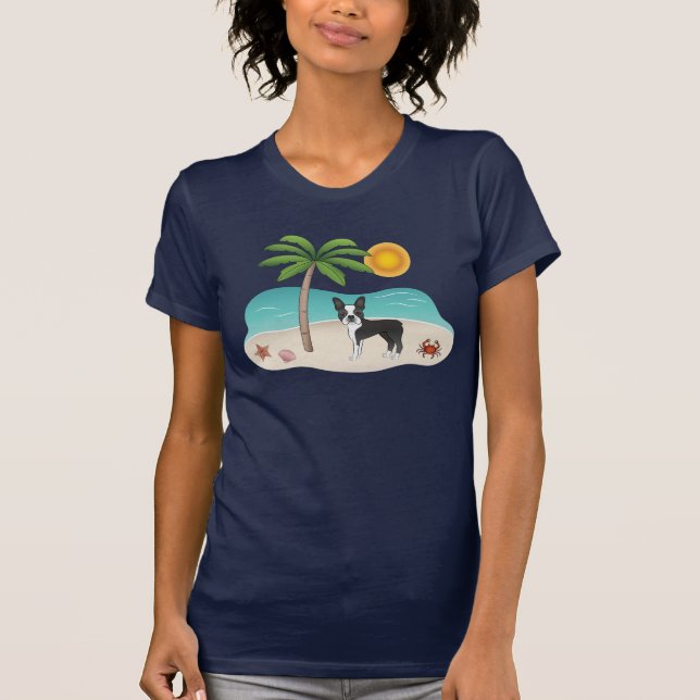 Camiseta Terrier Negro De Boston En Una Playa Tropical De V (Anverso)
