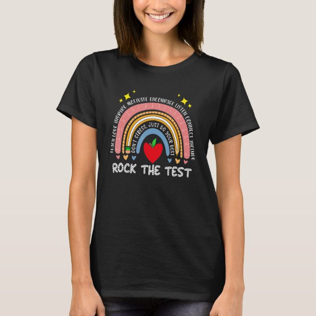 Camiseta Test Day Rock The Test Teacher Rainbow Testing Da (Anverso)