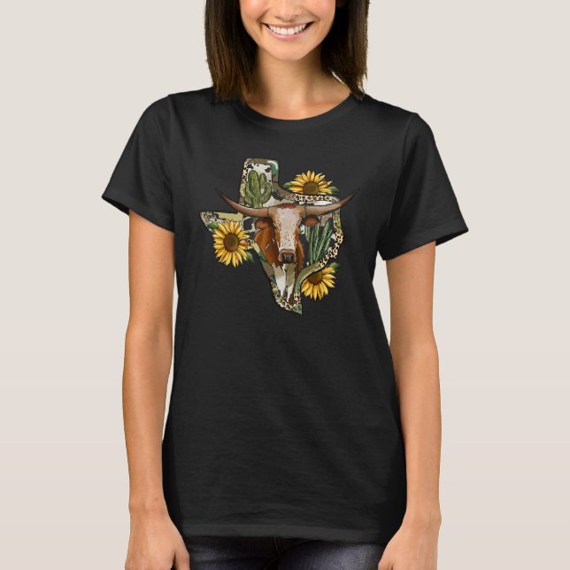 Camiseta Texas Map Leopard Sunflower Western Texas Cow Long (Anverso)
