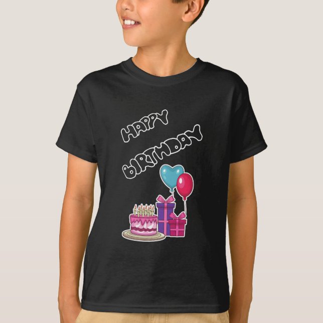 Camiseta Texto de Burbuja Neon Retro Feliz Cumpleaños  (Anverso)