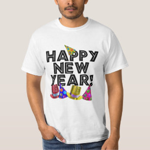 Camiseta Texto de Feliz Año Nuevo y Gorros de Fiesta
