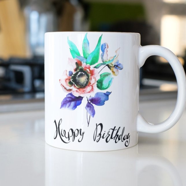 Camiseta Texto de Feliz Navidad" brillando en rojo, verde (Flowers with Happy Birthday – Watercolor Mug)